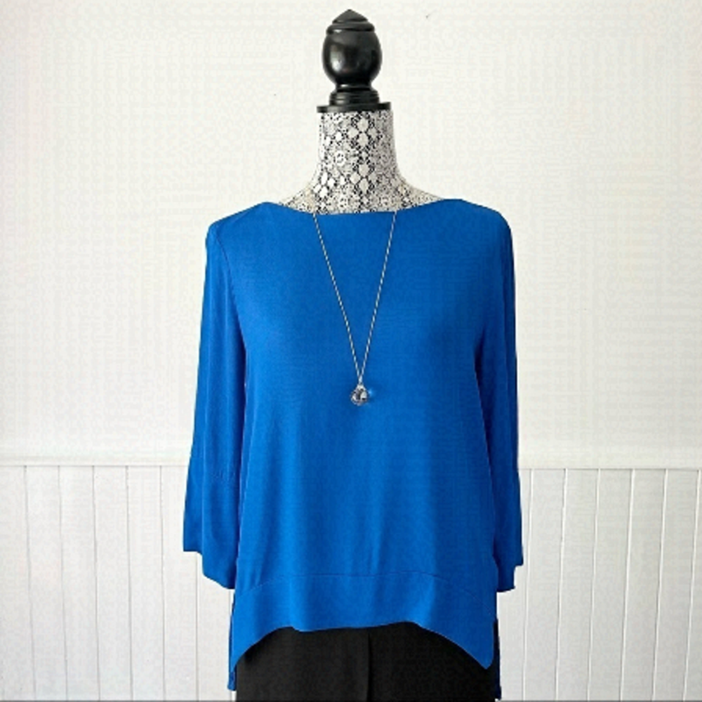 Zara Woman Royal Blue Boat Neck 3/4 Sleeve High Low Tunic Top Size L